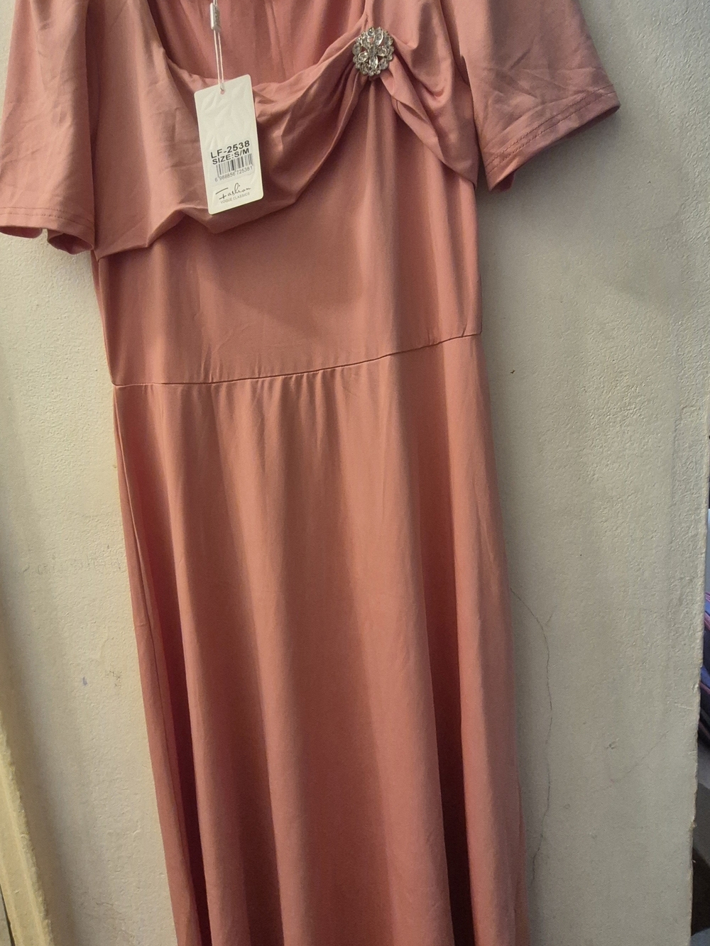 Womens Dusty Rose Midi Dress with Draped Bodice and Brooch